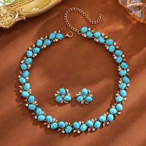 Vintage Boho Turquoise Pearl Necklace Earring Set Creative Light L Y2K